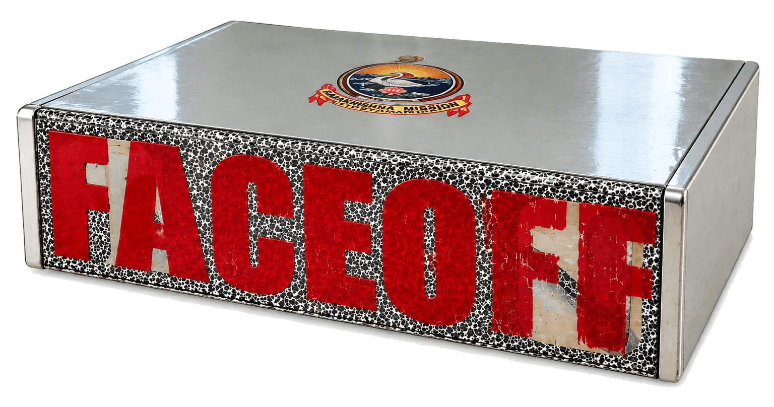 FaceOff in a Box appliance: a brushed steel enclosure with a mosaic front panel carrying the FACEOFF wordmark in red